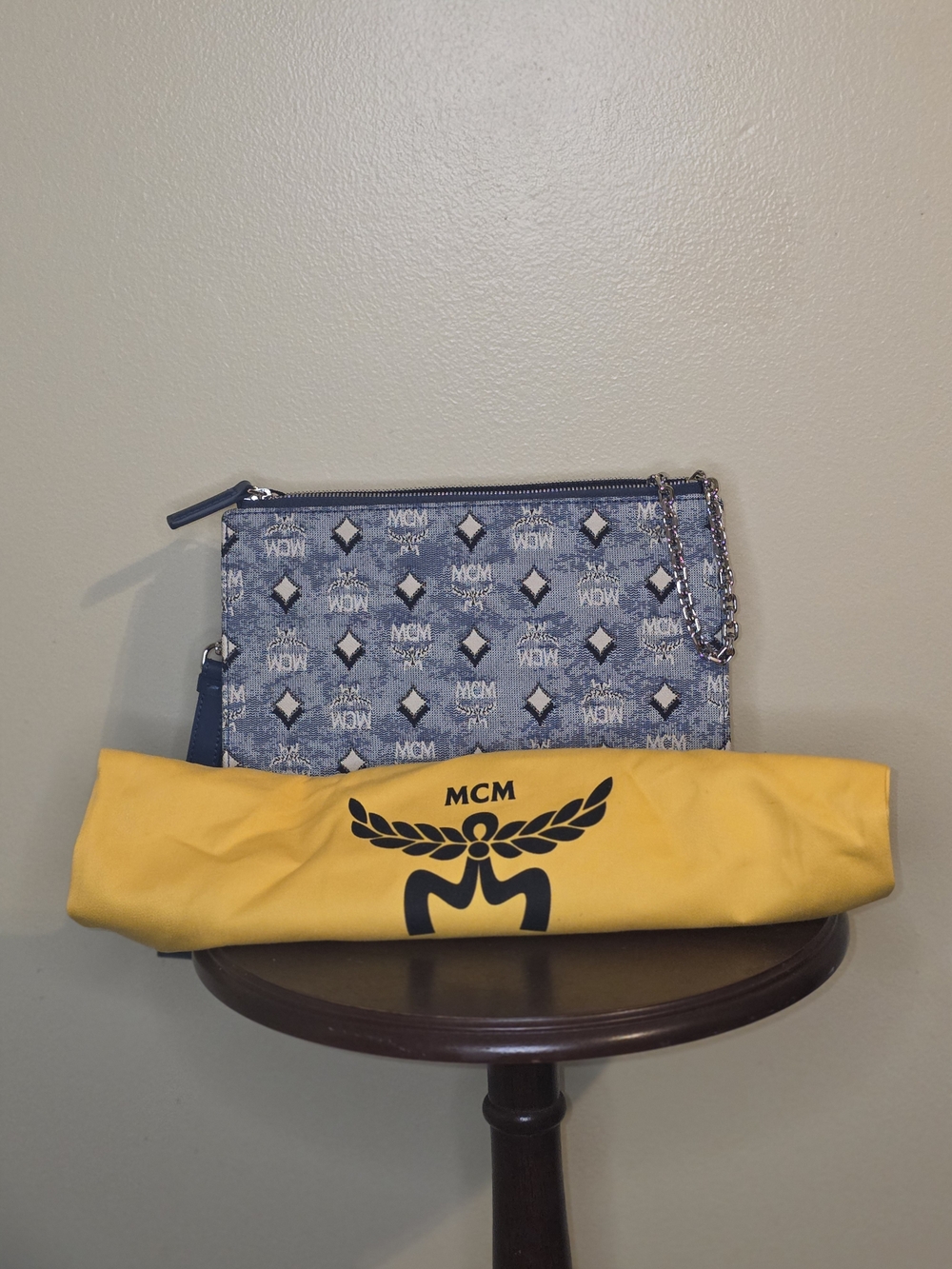 MCM Denim Logo Chain Wristlet Clutch in Blue